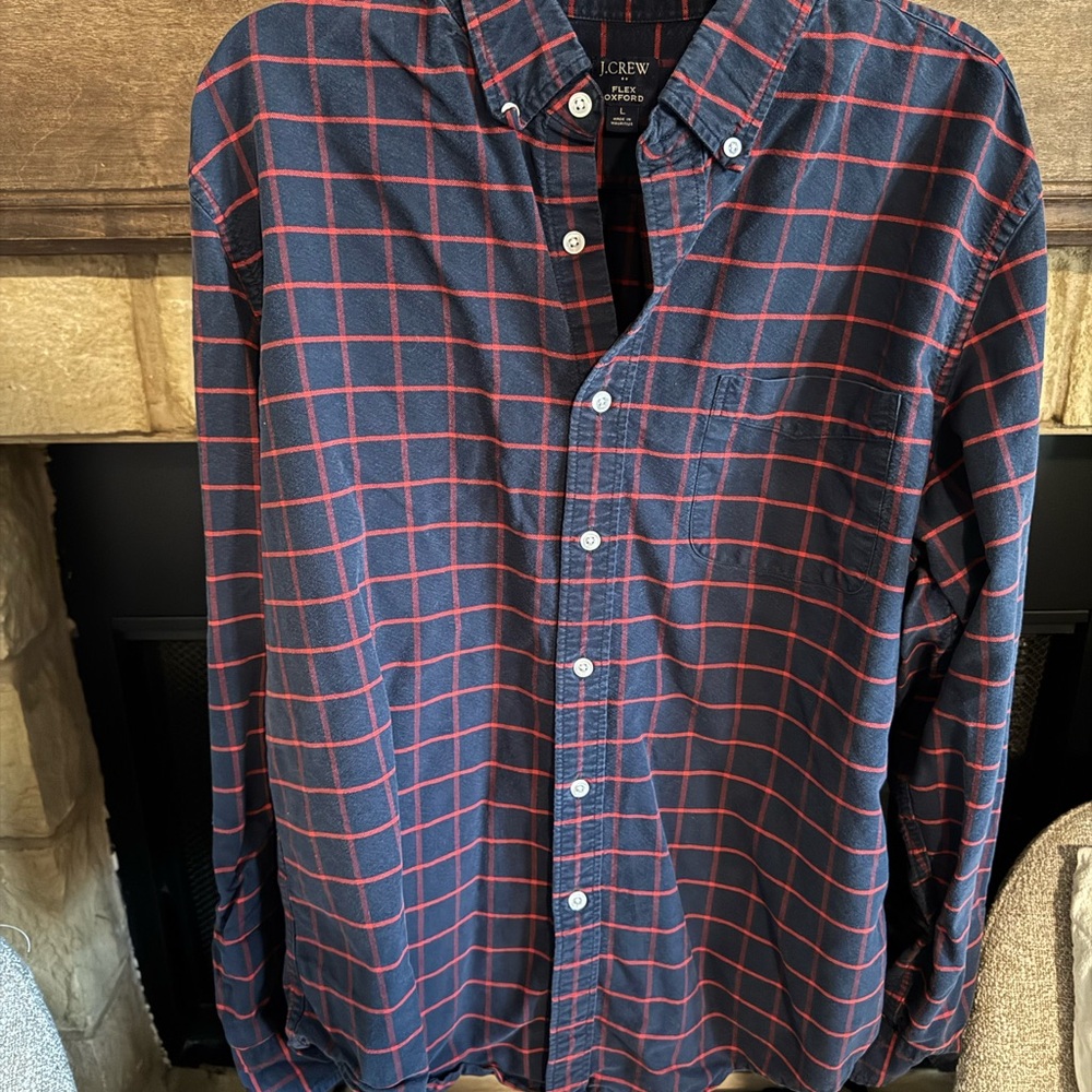 J. Crew Navy Blue Button-Down Shirt with Red Windowpane Check